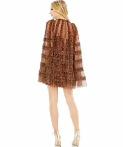 Mac Duggal Floral Print Long Flare Sleeve Mesh A-Line Dress