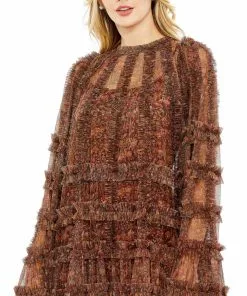 Mac Duggal Floral Print Long Flare Sleeve Mesh A-Line Dress