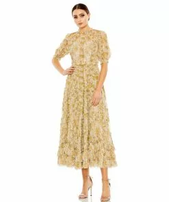 Mac Duggal Illusion Puff Sleeve Floral Print Dress