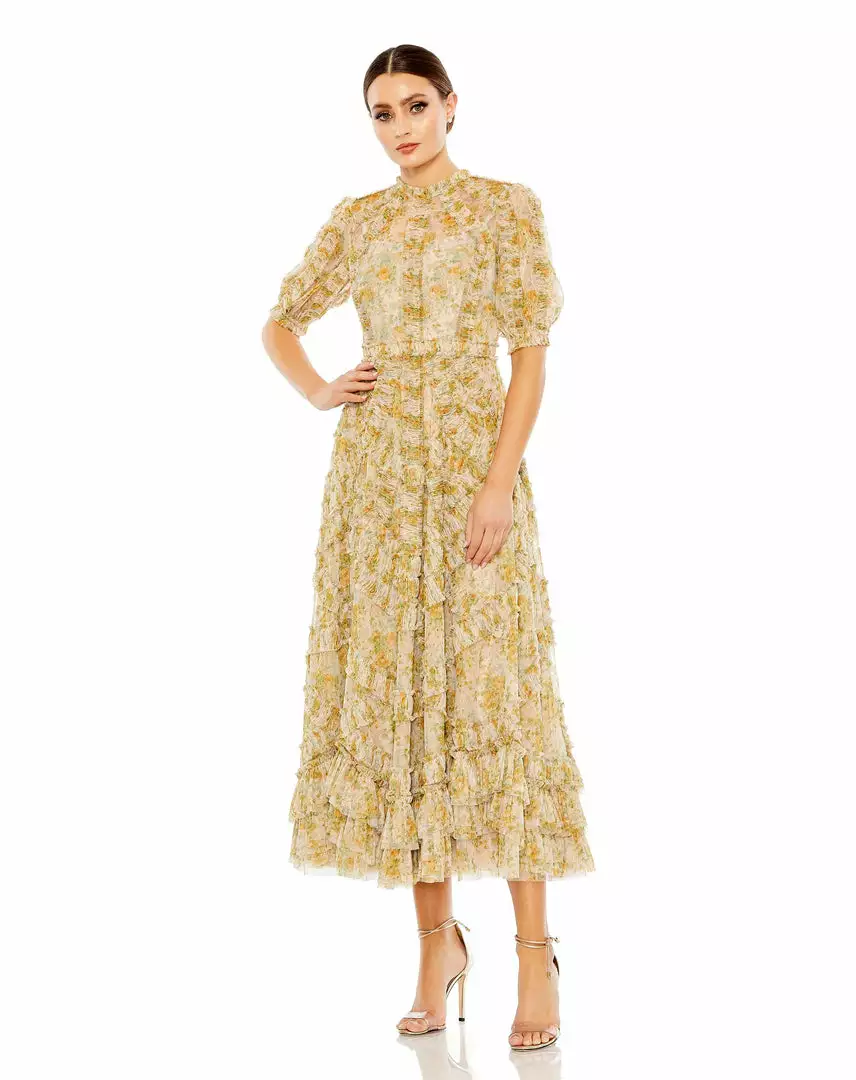 Mac Duggal Illusion Puff Sleeve Floral Print Dress 1 Mac Duggal Illusion Puff Sleeve Floral Print Dress