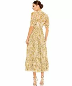 Mac Duggal Illusion Puff Sleeve Floral Print Dress