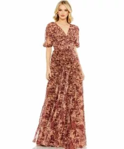 Mac Duggal Floral Illusion V-Neck Puff Sleeve Gown Shop For