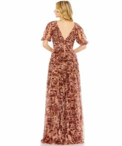 Mac Duggal Floral Illusion V-Neck Puff Sleeve Gown Shop For