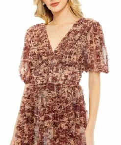 Mac Duggal Floral Illusion V-Neck Puff Sleeve Gown Shop For