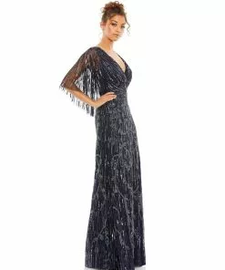 Mac Duggal Wrap-Front Beaded Cape Gown Shop For