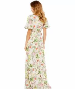 Mac Duggal Floral V-Neck Pleated Maxi Dress