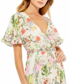 Mac Duggal Floral V-Neck Pleated Maxi Dress