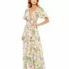 Mac Duggal Floral V-Neck Pleated Maxi Dress