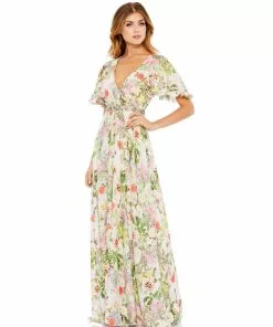 Mac Duggal Floral V-Neck Pleated Maxi Dress