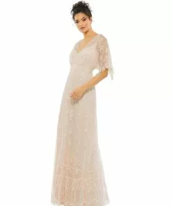 Mac Duggal Illusion Flounce Sleeve Embellished Dress Shop For