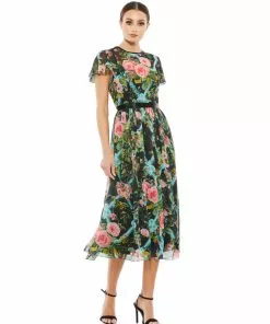 Mac Duggal Shop For Floral Illusion Flutter Sleeve Midi Dress