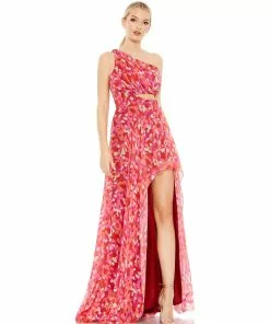 Ieena For Mac Duggal Printed One Shoulder Cut Out Hi-Lo Gown