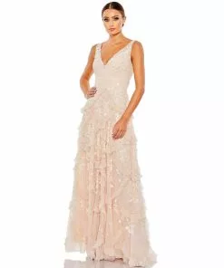 Mac Duggal Sequined Scallop Ruffle Tiered V Neck Gown