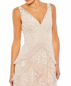 Mac Duggal Sequined Scallop Ruffle Tiered V Neck Gown