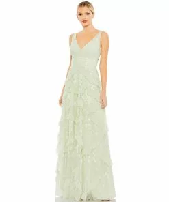 Mac Duggal Sequined Scallop Ruffle Tiered V Neck Gown