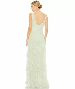 Mac Duggal Sequined Scallop Ruffle Tiered V Neck Gown