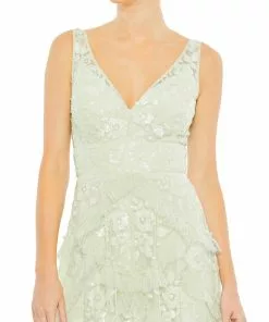 Mac Duggal Sequined Scallop Ruffle Tiered V Neck Gown