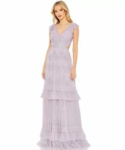 Mac Duggal Shop For Sequined Ruffled Cap Sleeve Cut Out Tiered Gown