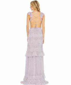 Mac Duggal Shop For Sequined Ruffled Cap Sleeve Cut Out Tiered Gown