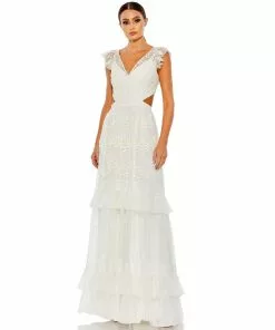 Mac Duggal Shop For Sequined Ruffled Cap Sleeve Cut Out Tiered Gown