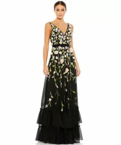 Mac Duggal Floral Embellished Sleeveless V Neck A Line Gown