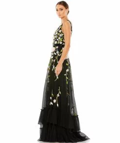 Mac Duggal Floral Embellished Sleeveless V Neck A Line Gown
