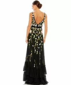 Mac Duggal Floral Embellished Sleeveless V Neck A Line Gown