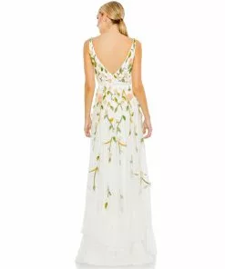 Mac Duggal Floral Embellished Sleeveless V Neck A Line Gown