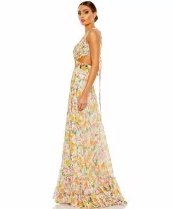 Mac Duggal Floral Print Cut-Out Lace Up Tiered Gown Shop For