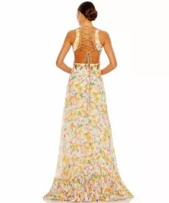 Mac Duggal Floral Print Cut-Out Lace Up Tiered Gown Shop For