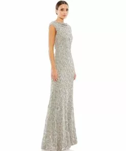 Mac Duggal Mother Of The Bride + Groom Dresses Floral Embellished Cowl Bateau Cap Sleeve Gown