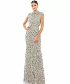 Mac Duggal Mother Of The Bride + Groom Dresses Floral Embellished Cowl Bateau Cap Sleeve Gown