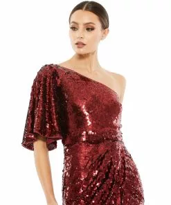 Mac Duggal Shop For One-Shoulder Bell Sleeve Sequin Gown