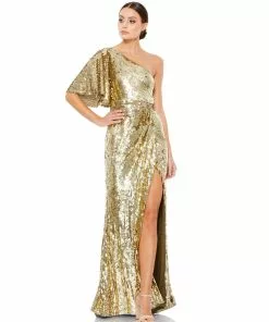 Mac Duggal Shop For One-Shoulder Bell Sleeve Sequin Gown