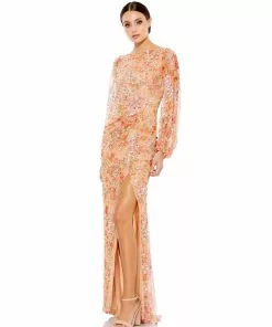 Mac Duggal Shop For Apricot Sequined Floral Print Gown