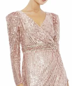Mac Duggal Sequin Puff Sleeve Surplice Gown