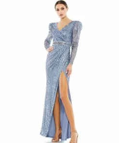 Mac Duggal Sequin Puff Sleeve Surplice Gown