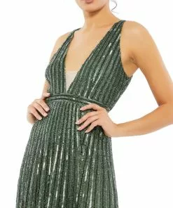 Mac Duggal Sequined Sleeveless Plunge Neck Flowy Gown