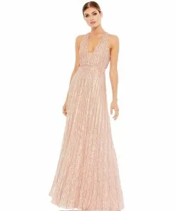 Mac Duggal Sequined Sleeveless Plunge Neck Flowy Gown