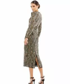 Mac Duggal Shop For Paillette Embellished Long Sleeve Midi Dress