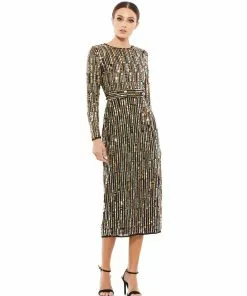 Mac Duggal Shop For Paillette Embellished Long Sleeve Midi Dress