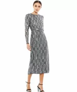 Mac Duggal Shop For Paillette Embellished Long Sleeve Midi Dress
