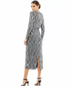Mac Duggal Shop For Paillette Embellished Long Sleeve Midi Dress