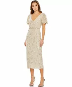 Mac Duggal Sequined V Neck Flutter Sleeve Tea Length Dress