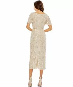 Mac Duggal Sequined V Neck Flutter Sleeve Tea Length Dress