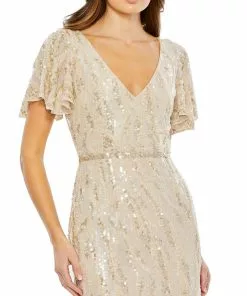 Mac Duggal Sequined V Neck Flutter Sleeve Tea Length Dress