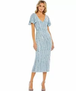 Mac Duggal Sequined V Neck Flutter Sleeve Tea Length Dress