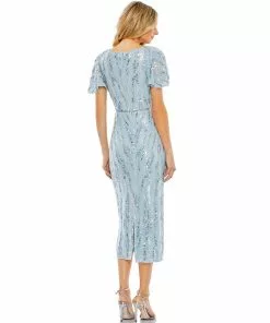 Mac Duggal Sequined V Neck Flutter Sleeve Tea Length Dress