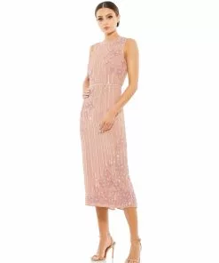 Mac Duggal Striped Floral Embellished Sleeveless Midi Dress Shop For