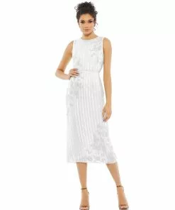 Mac Duggal Striped Floral Embellished Sleeveless Midi Dress Shop For